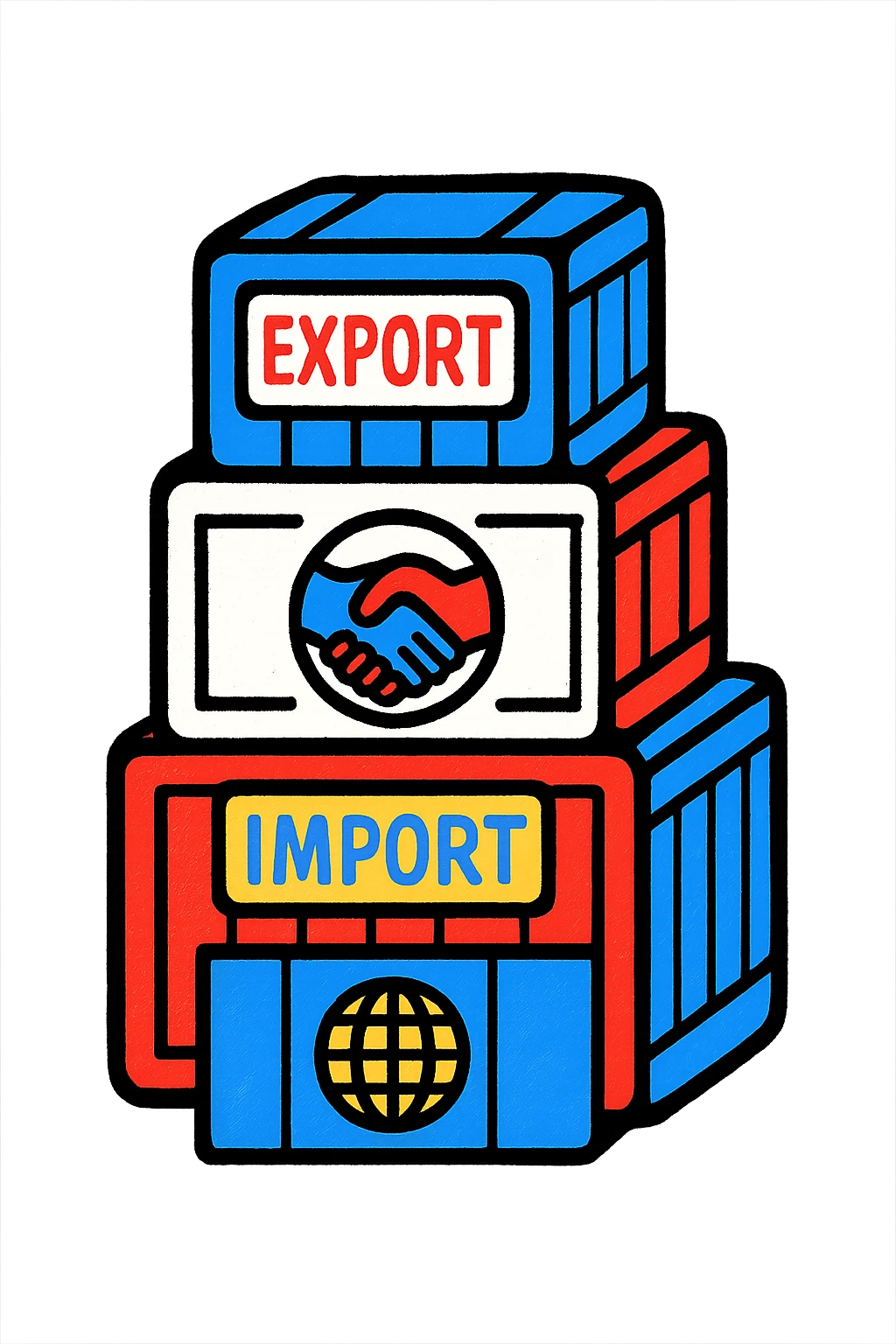 A lively icon of a stack of colorful shipping crates with international labels and a partnership symbol, using only colors #1E90FF, #F13816, and #FFFFFF emoji