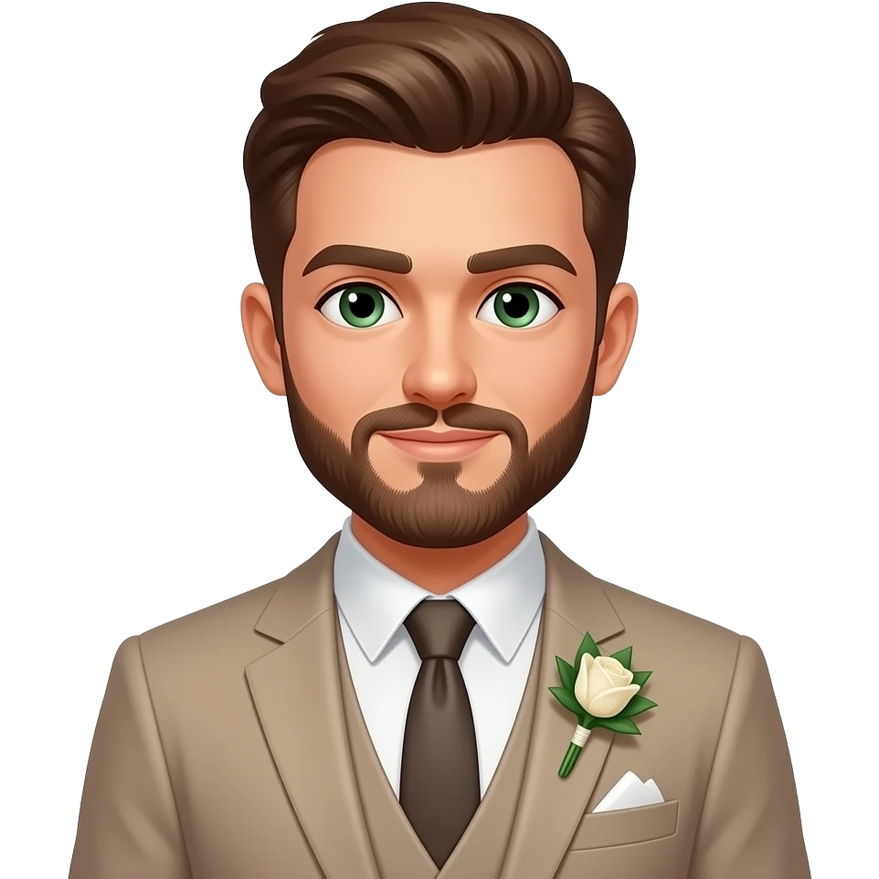 marié, cheveux châtains, yeux verts, barbe, costume taupe, avec boutonnière emoji