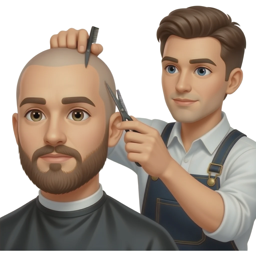male hairdresser cutting another males beard bald emoji