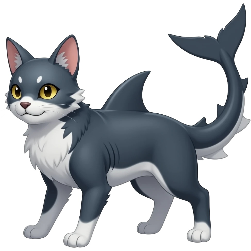 4-legged digitigrade dark badass edgy earless landhai-Latias-Latios-carvanha-sharpedo-Manectric-hybrid-fusion-creature, with a long shark tail behind, full body emoji