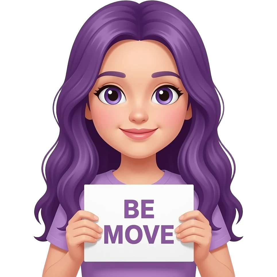 girl with long purple hair holding a BE MINE sign emoji
