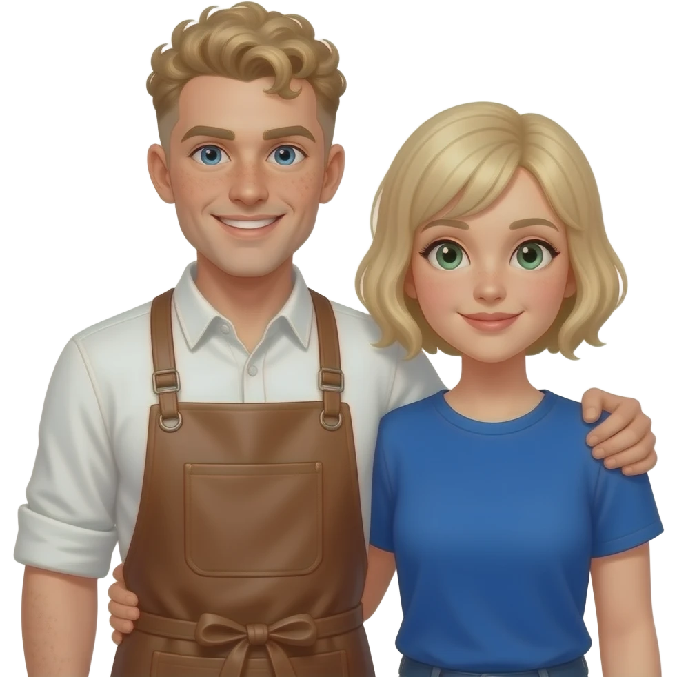 an androgynous lesbian chef with a tan leather apron, dirty blonde curls on top with tight fade on the sides and short sleeve linen white button up rolled sleeves,  happy blue/green eyes, mouth closed smile few freckles with arm around woman with short blonde bob and cobalt blue tshirt brown eyes emoji