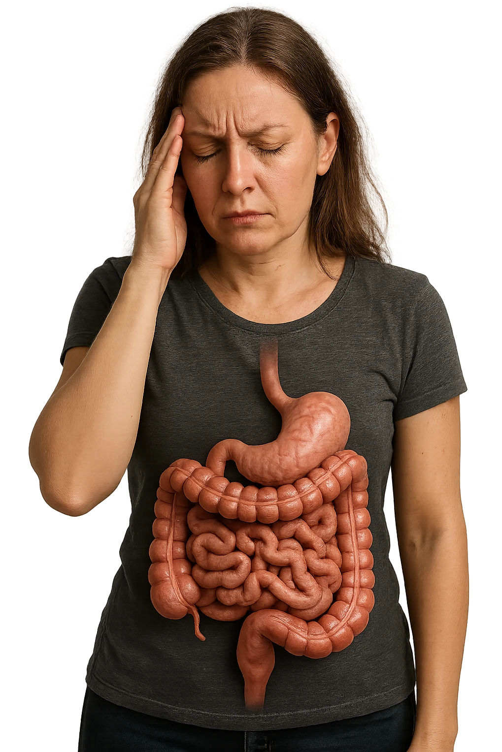 donna stanca che si tiene una mano sulla tempia con intestino umano anatomico visibile, iperrealistico 4k emoji