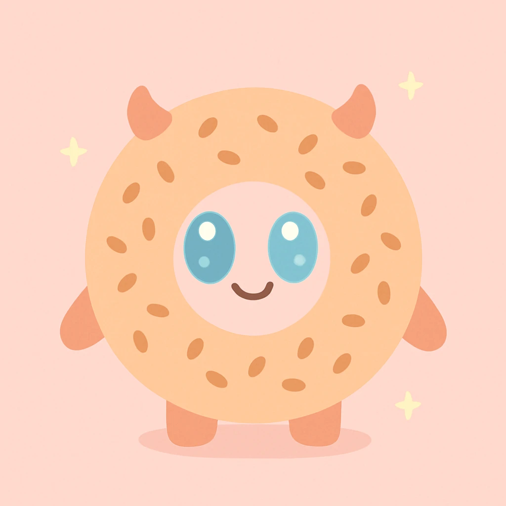 cute simit monster character inspired by Turkish street food, simit for body, big eyes, mischievous smile emoji