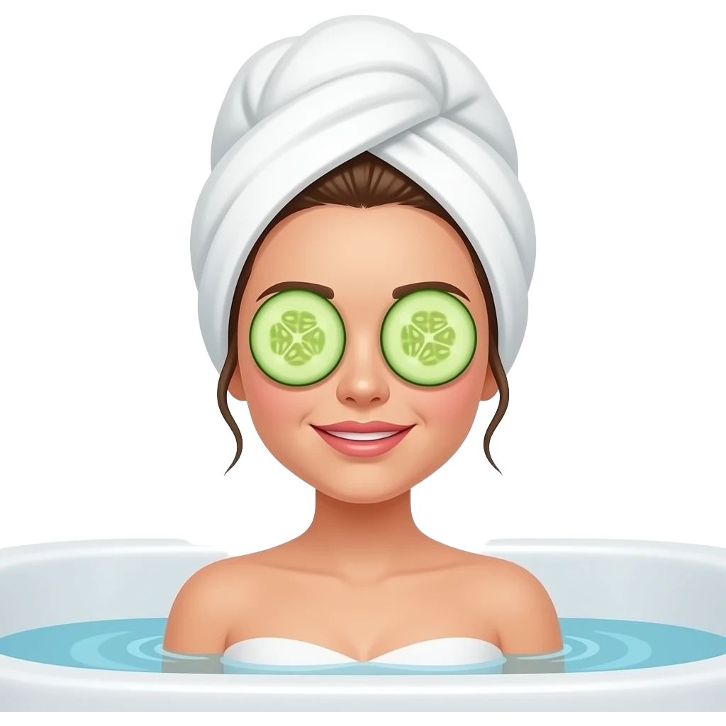 White girl with brown hair in a bath tub with cucumbers over her eyes and her hair in a white towel emoji