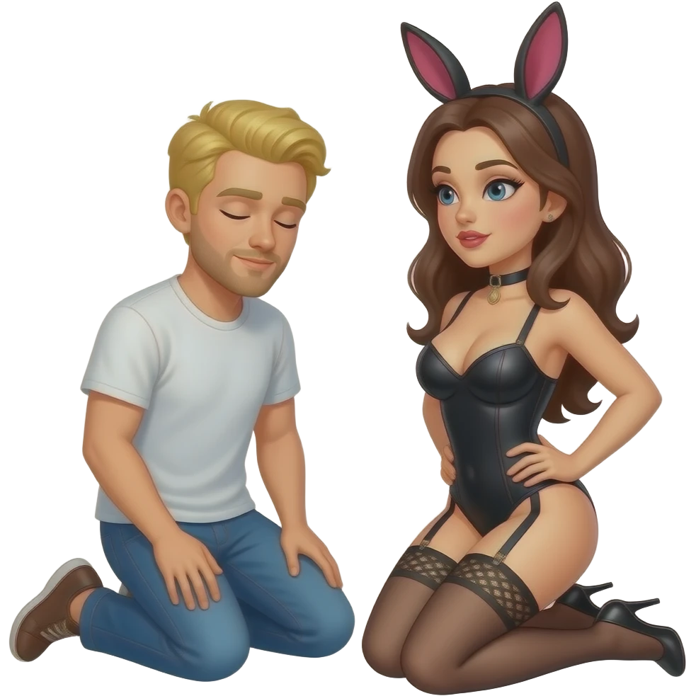 Blonde man with closed eyes kneelong to a brunette femdom emoji