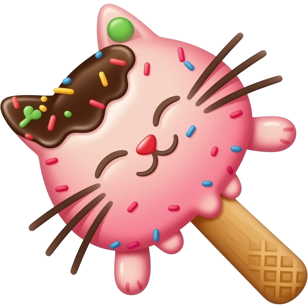 Pink cat shaped ice cream scoop with sprinkles and  red licorice  and green M&Ms  with chocolate sauce emoji