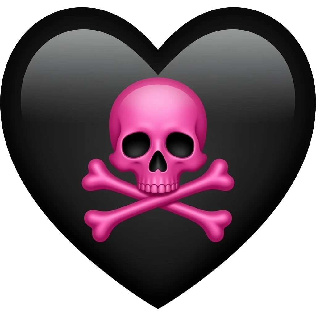 Fuchsia skull and crossbones on black heart emoji