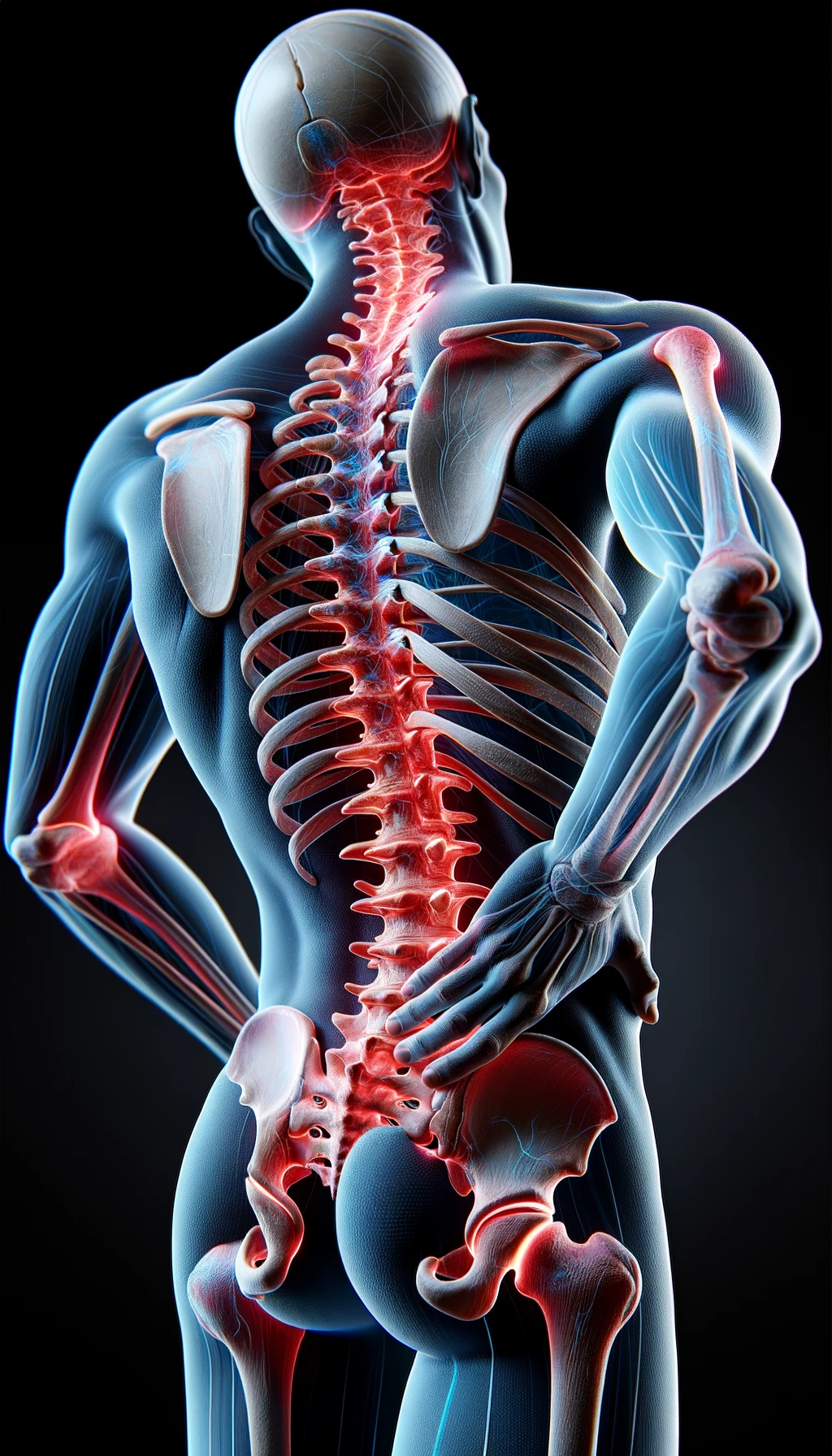 corpo umano anatomico di profilo e fisico storto, spina dorsale in evidenza, dolore alla schiena su un lato, iperrealistico 4k emoji