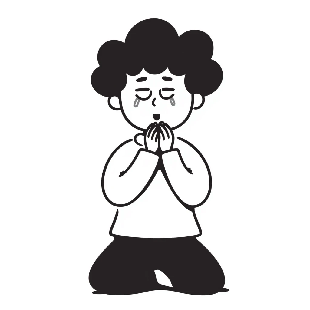 character kneeling and begging with expressive face emoji