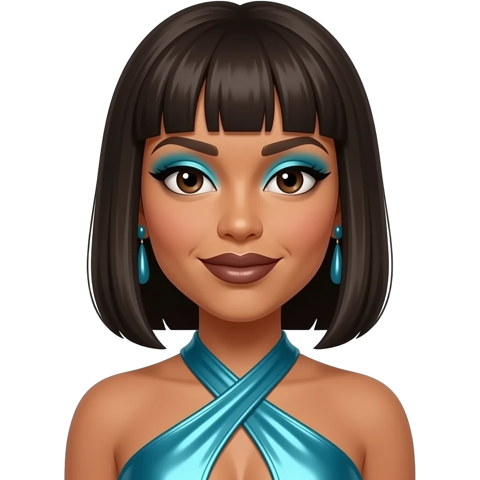 Lisa Left Eye Lopes from TLC with dark brown eyes, black 90s straight medium hair with bang, cyan eyeshadow, dark brown lipstick, cyan metallic halter dress, cyan earrings emoji