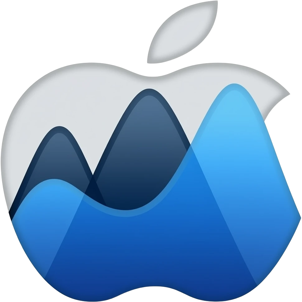Apple-style wave chart emoji with smooth, flowing lines in a gradient of dark blue (#002137) to sky blue (#7FC7FF), featuring three distinct peaks on a white background. The waves should have a subtle grey (#7B7B7B) outline for definition. emoji
