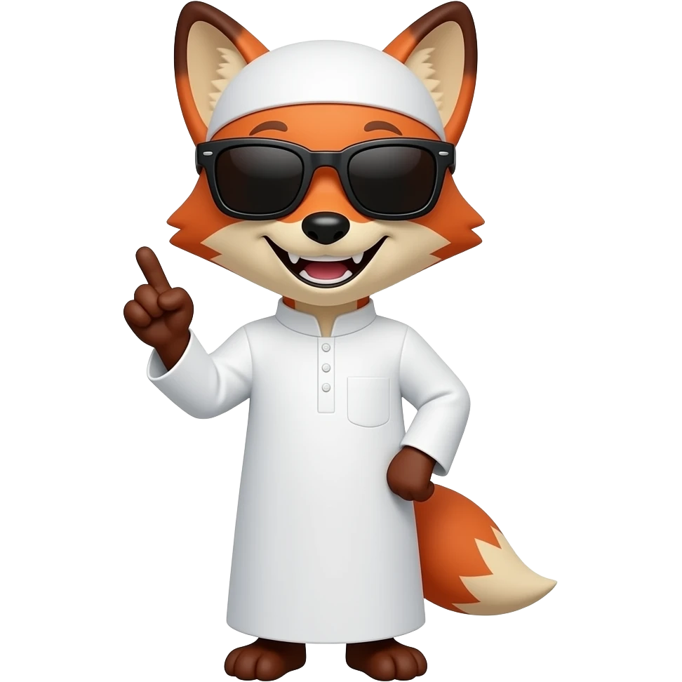 Fox with full black sunglases and smiley face with teeth , Muslim White clothes and pouting his finger up , and no tail emoji
