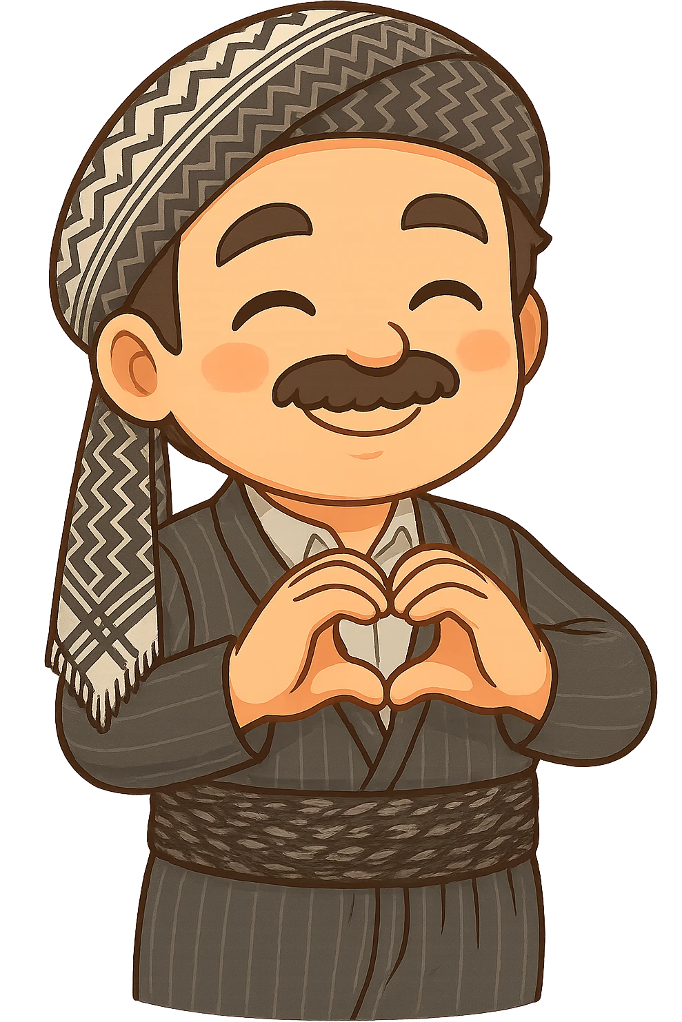 Cartoon sticker of a Kurdish man with the same clothes and scarf as the reference image, no changes to clothes or scarf, face with a satisfied expression and both hands posed in a heart shape similar to the 🫶 emoji, colorful and cheerful, no shadows or color halos around the image, no text, suitable for WhatsApp and Instagram, fully transparent background. emoji