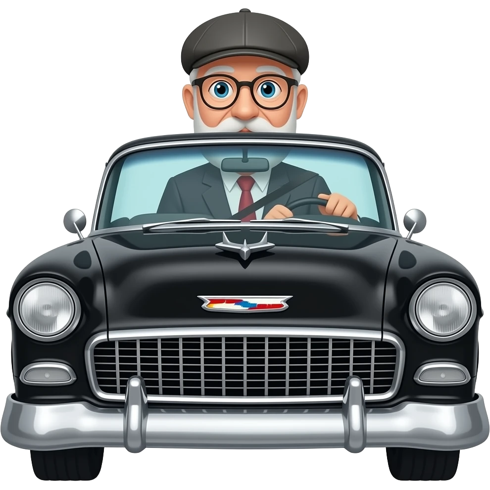 OLD MAN WITH  NO FACIAL HAIR GLASSES AND FLAT CAP DRIVING BLACK 1955 CHEVY WITH emoji