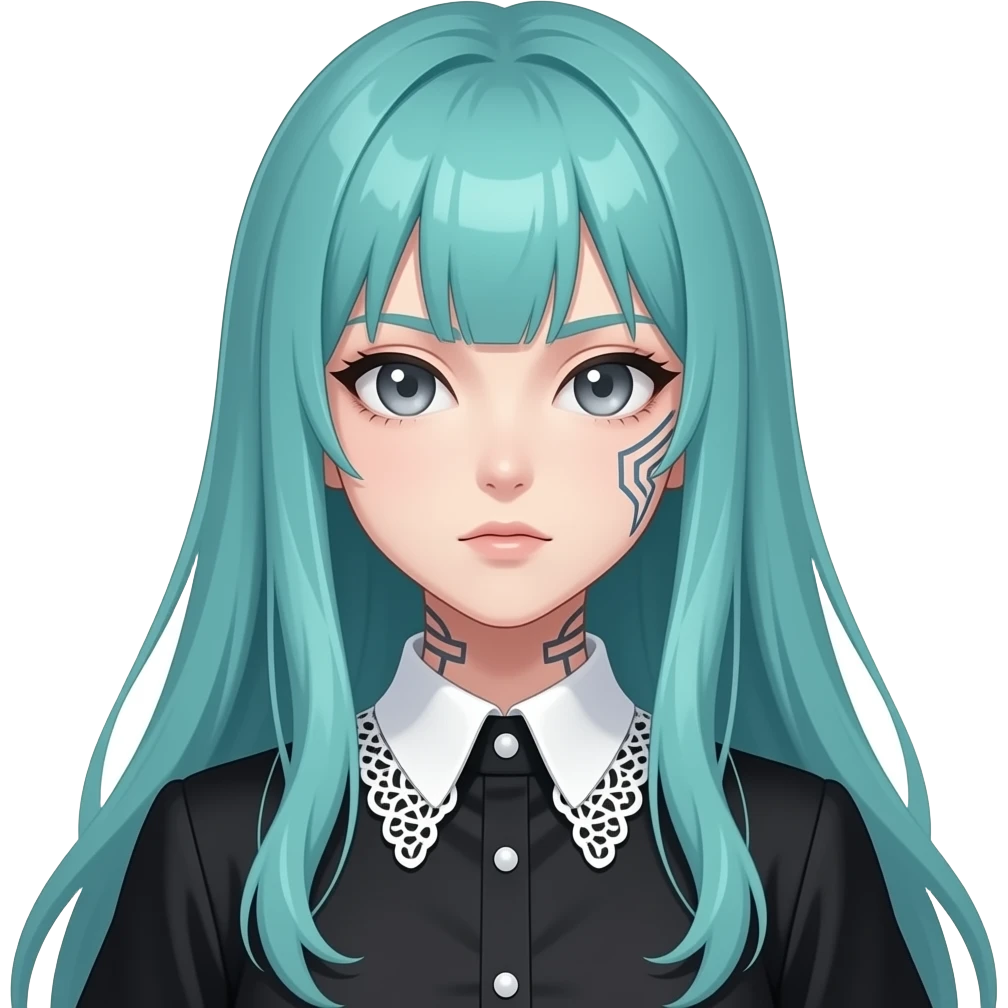 anime girl, cool face, face tattoos, long flowing teal hair, grey eyes, black shoulder cyberpunk blouse with fancy white collar emoji