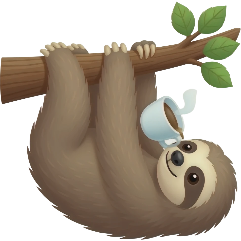sloth drink coffee on the tree upside down hanging from a tree emoji