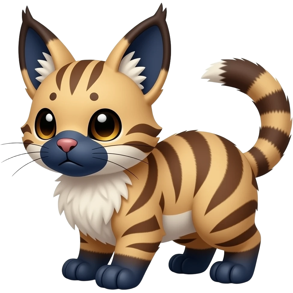 4-legged thick bushy soft realistic innocent sad pretty precious cute young dark-brown-and-white-striped Fakémon-Pokémon-feline-Zeraora-Jolteon-serval-caracal-chinchilla-Minccino-Cinccino-Meowstic-rodent-hybrid-creature (full body) with dark-blue muzzle, dark-blue puffy fluffy paws, tufted ears emoji