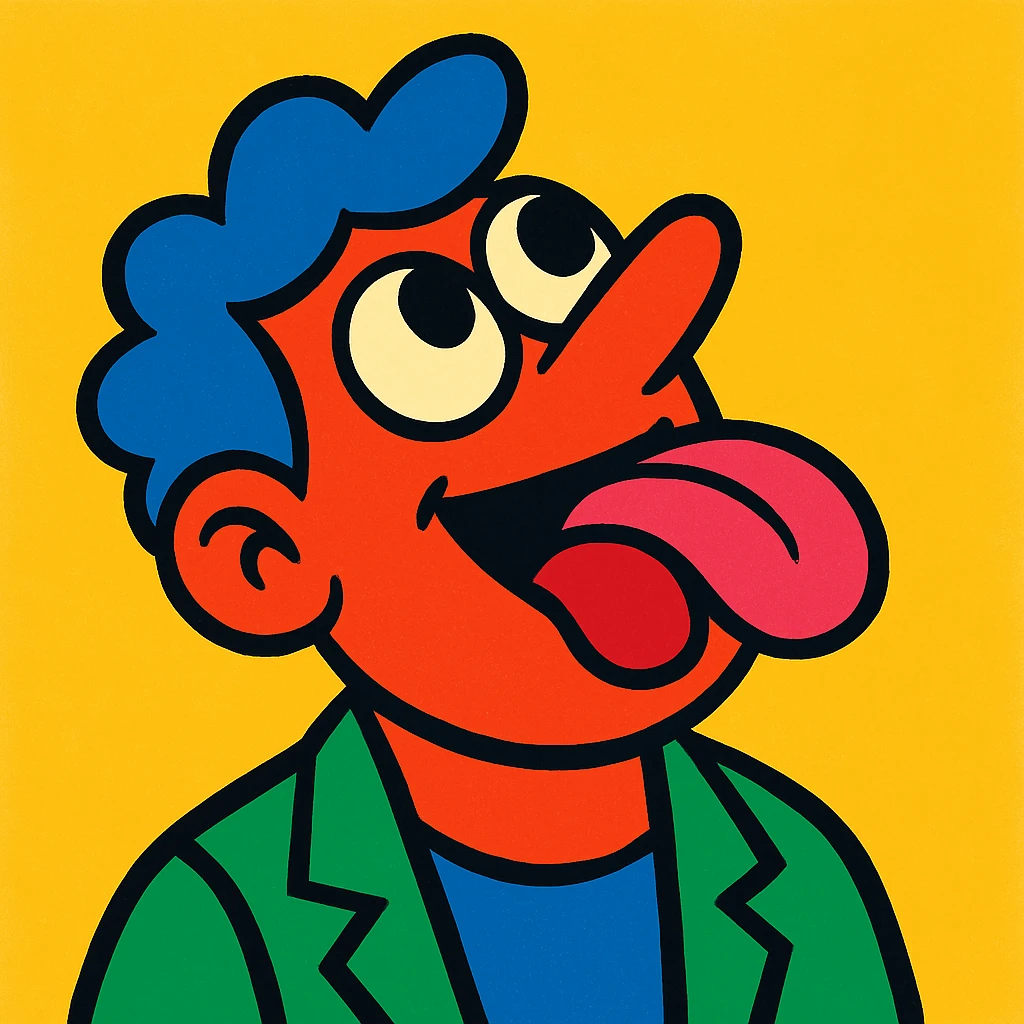 a colorful cartoon of a man sticking out his tongue and looking up to the sky emoji