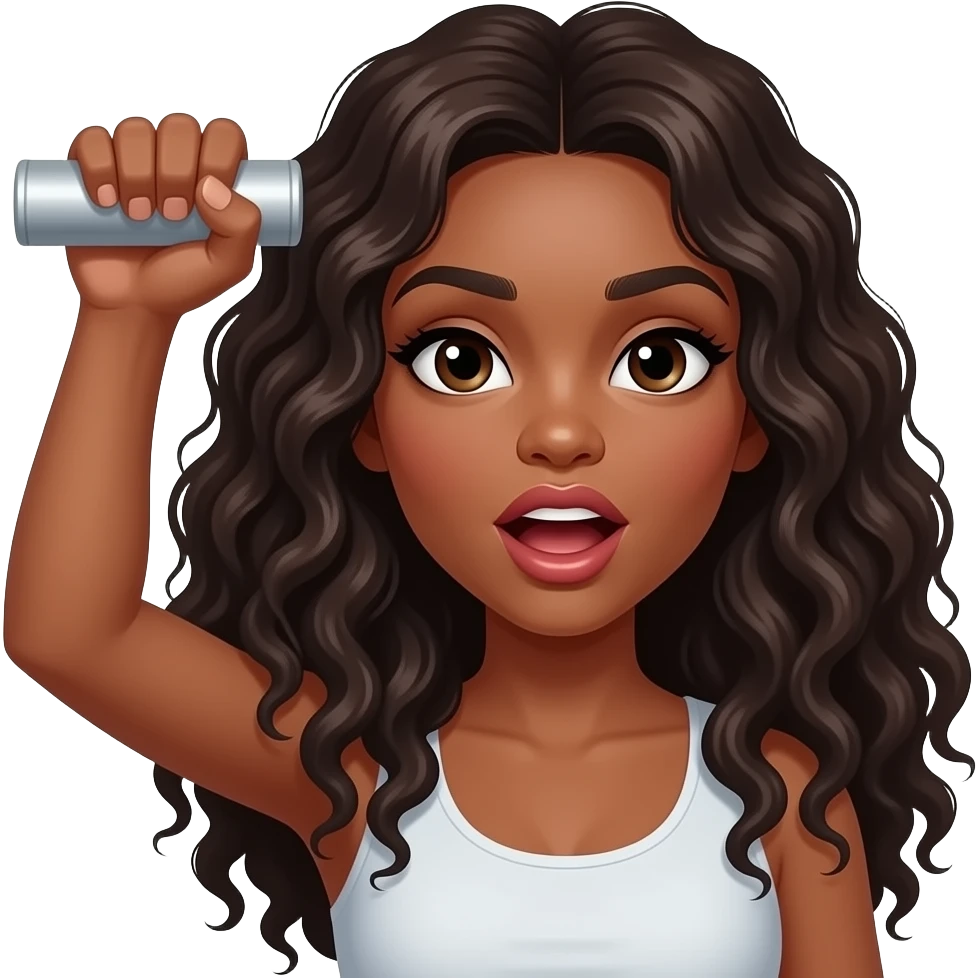 A brown woman with dark long curly hair holding one hand up like it’s gripping a cylinder closed fist with and open mouth and big lips emoji