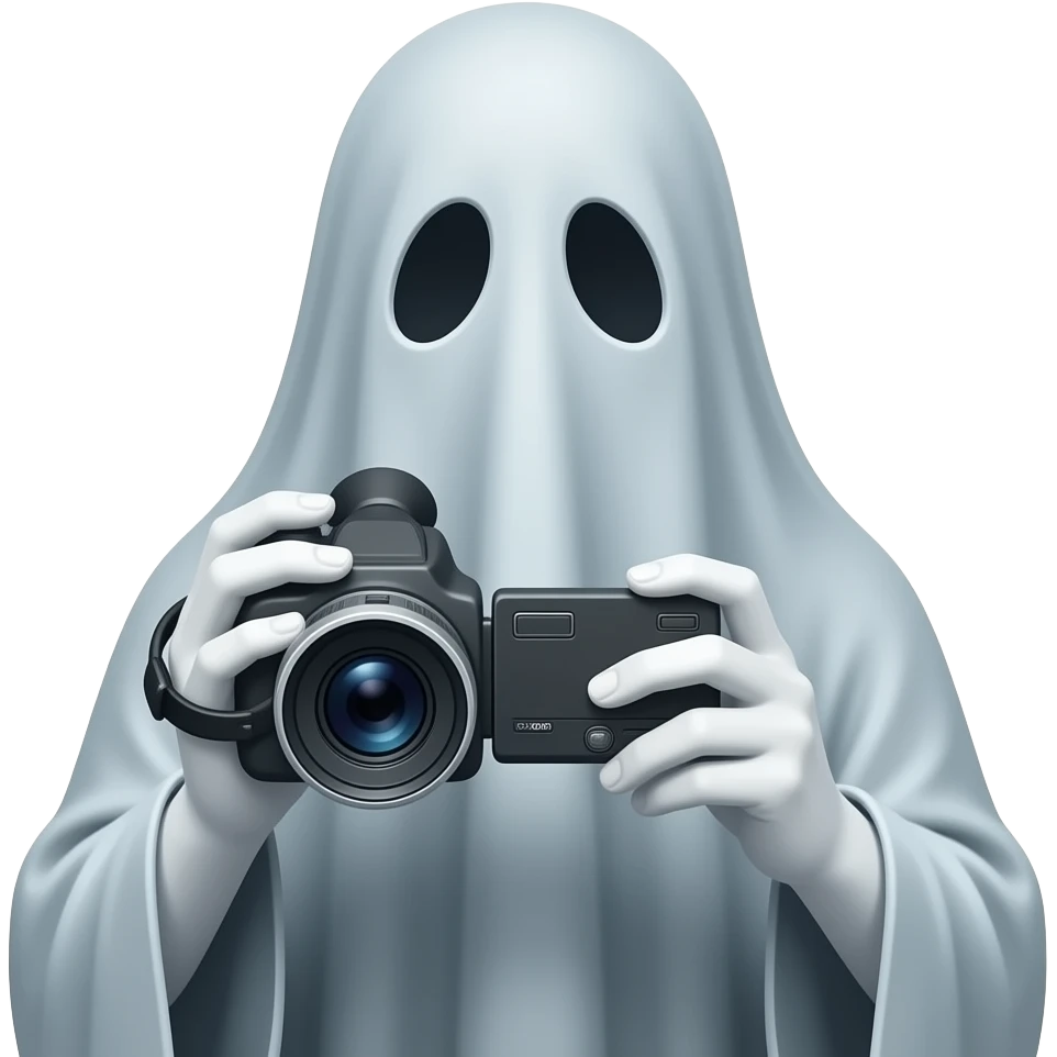 Haunting realistic ghost  recording a video. Holding the video recorder to eye hole in sheet. Facing forward. White pale hads emoji
