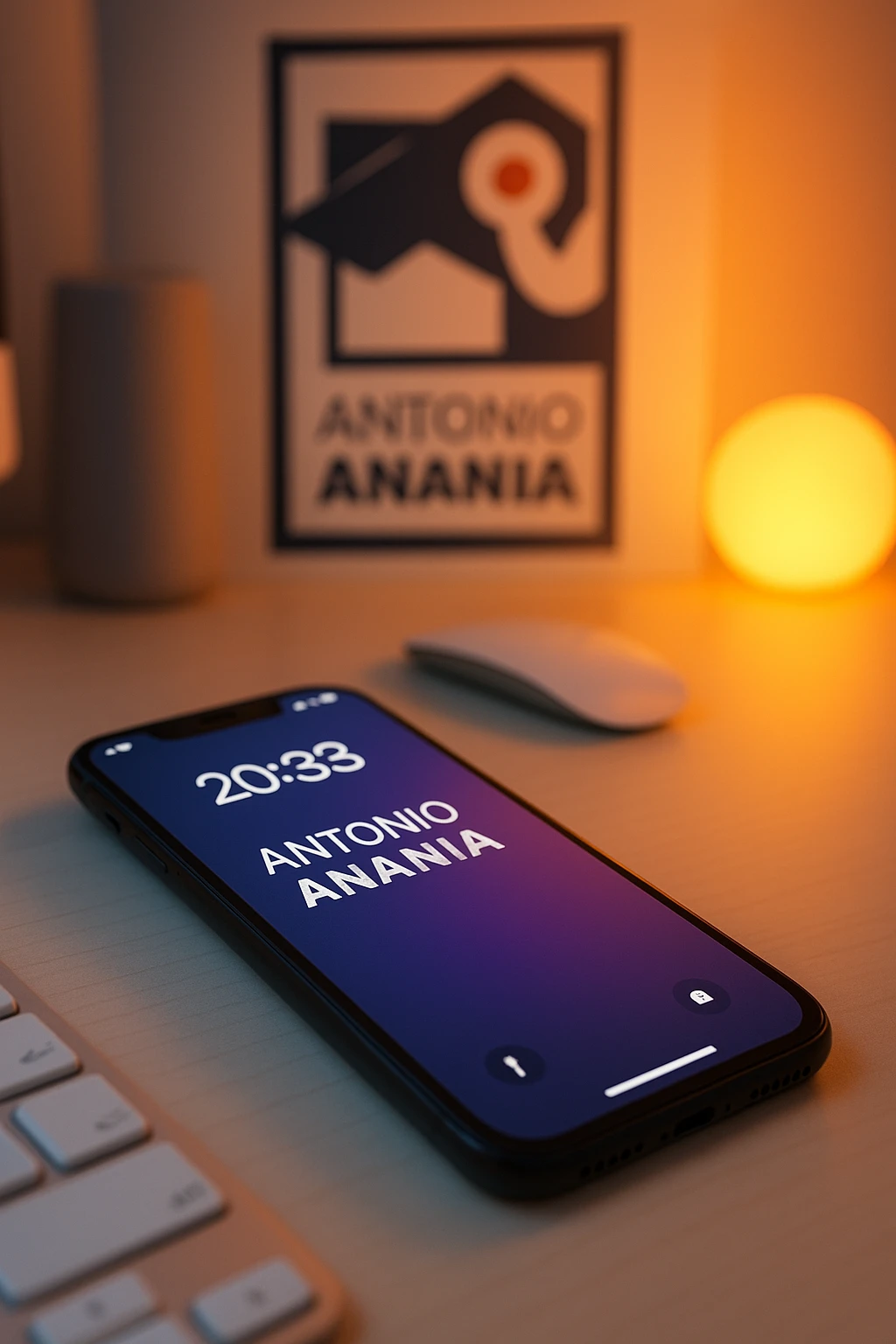 A photo of an iPhone on the desk with the message "Antonio Anania" on its screen, The phone sits atop a desk with a blurred with the logo in the background that suggests work environment. A faint glow from above casts gentle shadows across the surface of each object, creating depth and highlighting their textures emoji