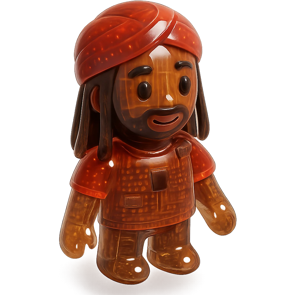 Brownskin man with long brown dreadlocks 
red t-shirt 
red turban 
expression is happy emoji