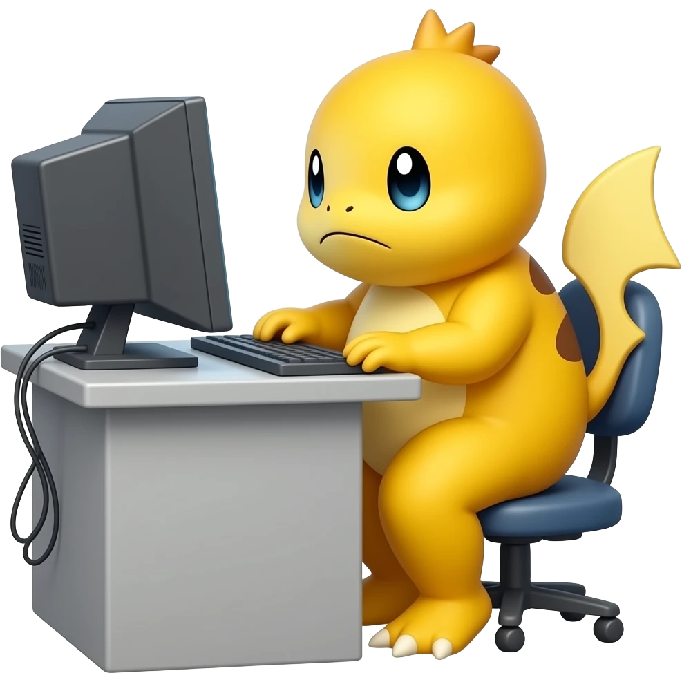 Psyduck sitting in front of a computer, working seriously and intently emoji