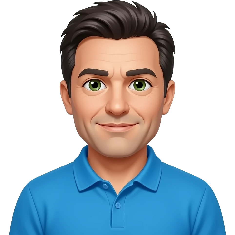 late 30s man, dark short messy hair, green and brown eyes, bright blue polo emoji