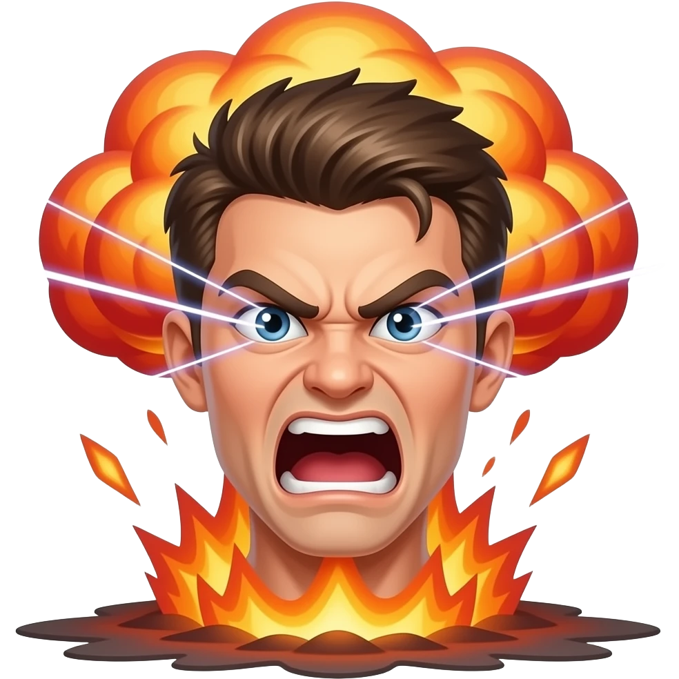 screaming angry emoji, eye laser beams igniting mushroom cloud, atomic blast, teen rage, chaotic cartoon, bold flat illustration emoji