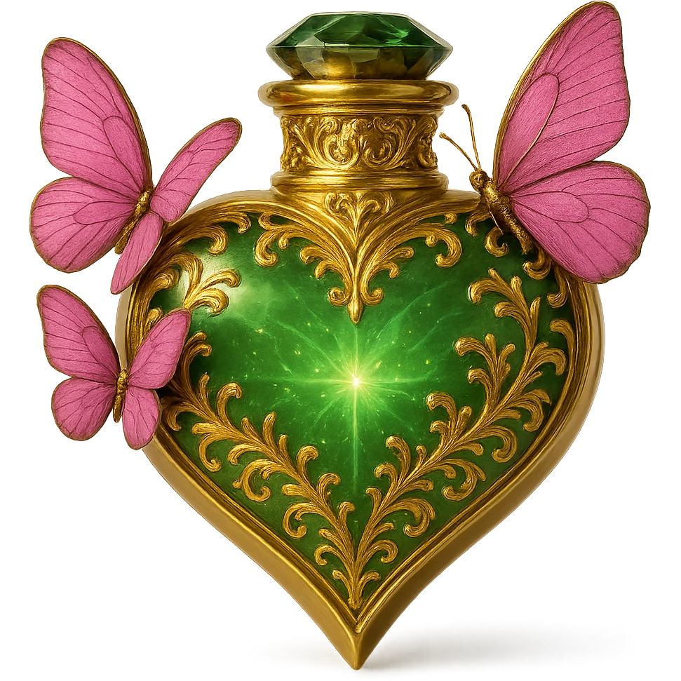 Create a one-to-one heart-shaped bottle as in the example, with the main color green and gold details. Add a bright crystalline effect inside the bottle. Keep the pink butterflies as shown. Remove the background. emoji