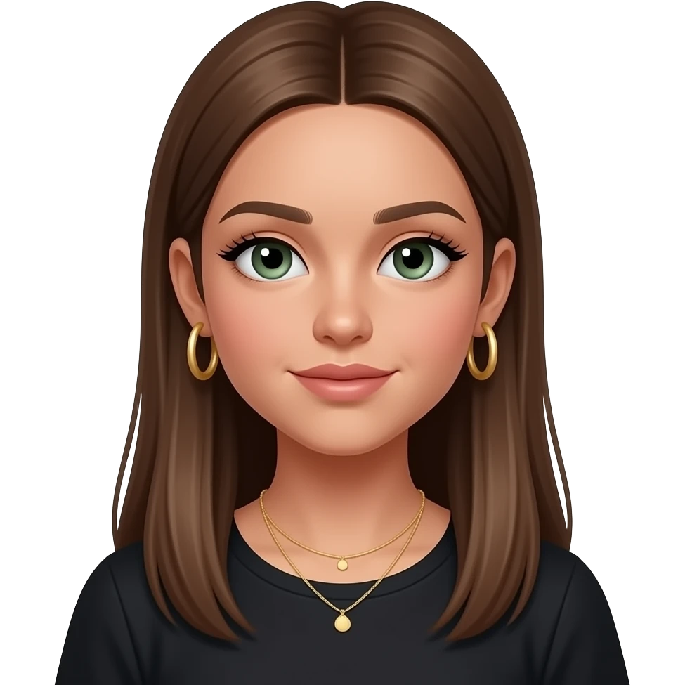 17 year old girl with straight long  brown hair , green-grey eyes and long eyelashes, tan skin, gold hoop earrings, dainty gold necklace, wearing a black top emoji