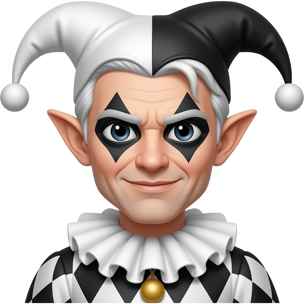 duende, elf ears, older, medium white hair, jet black sclera eyes, dressed as a court jester emoji