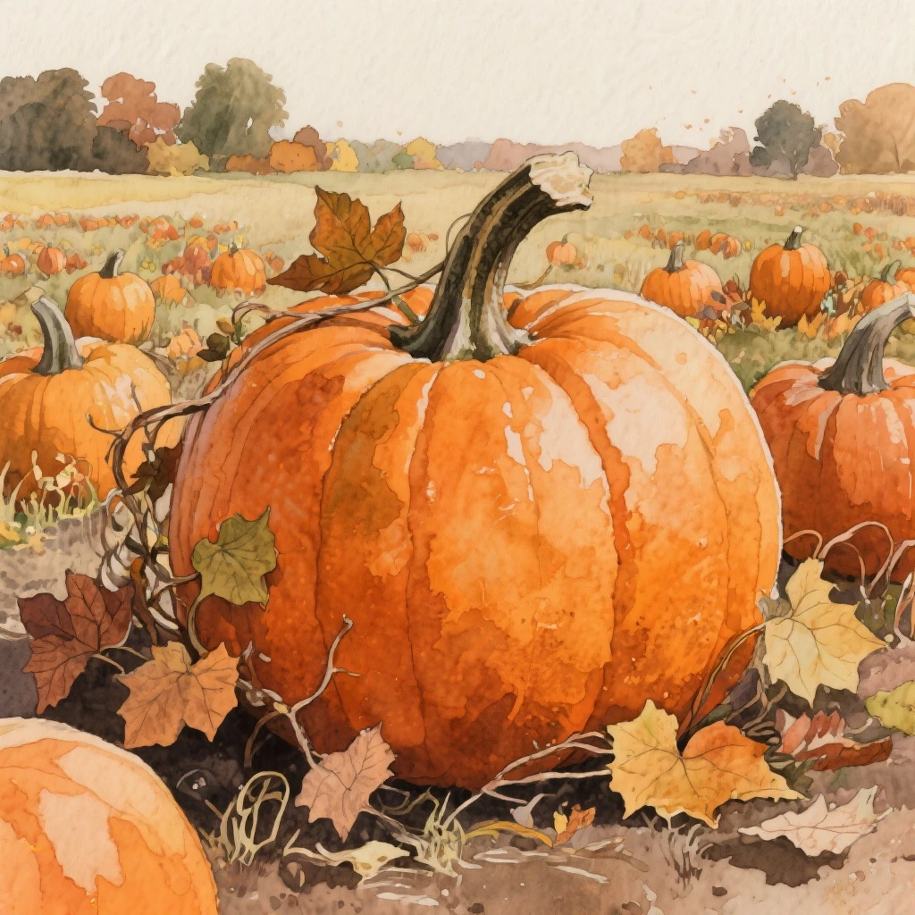 autumn pumpkin patch illustration, large pumpkins with leaves and vines, rustic style, orange and earthy tones, watercolor texture background emoji