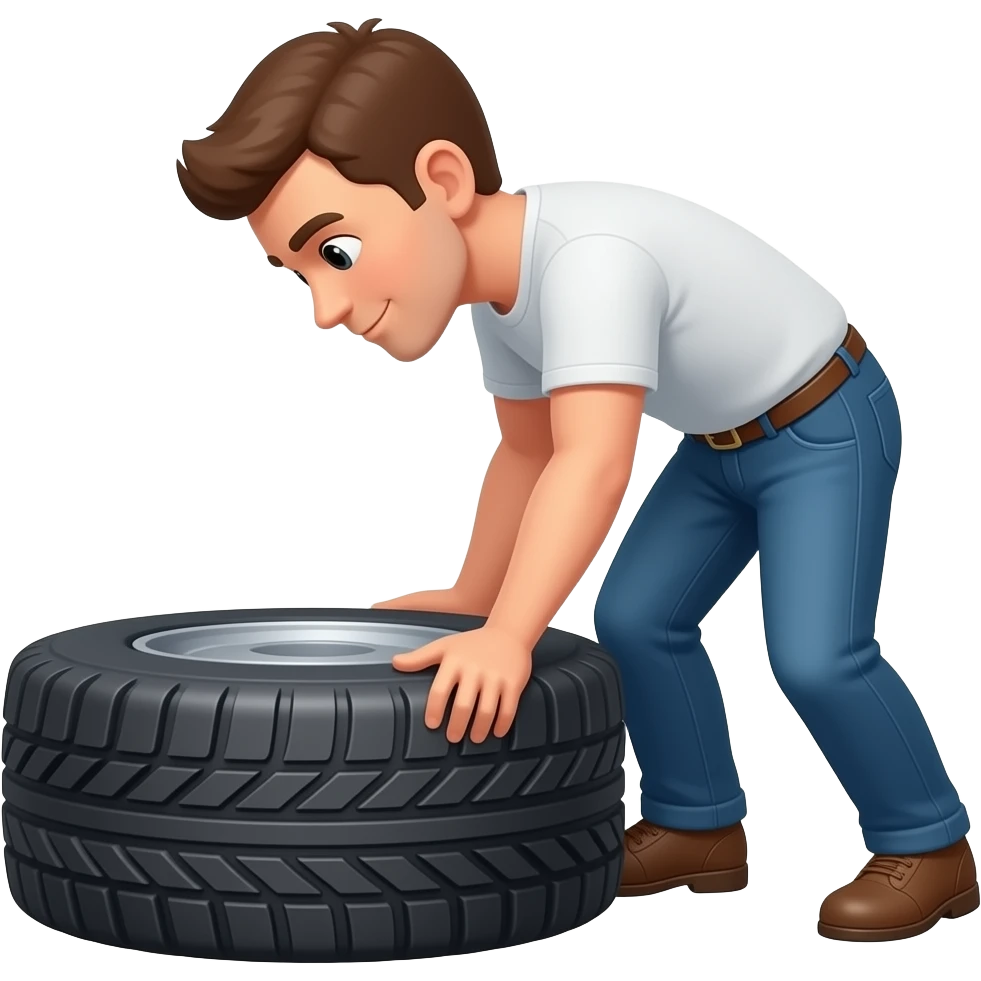 a truck tire laying flat on the floor and a man trying to lift it emoji