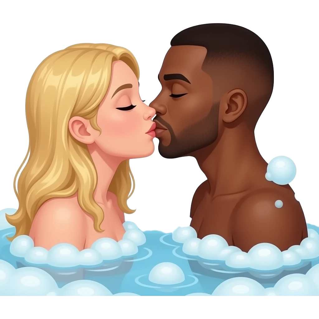 Blonde woman & black man with shaved head kissing in bubble bath emoji