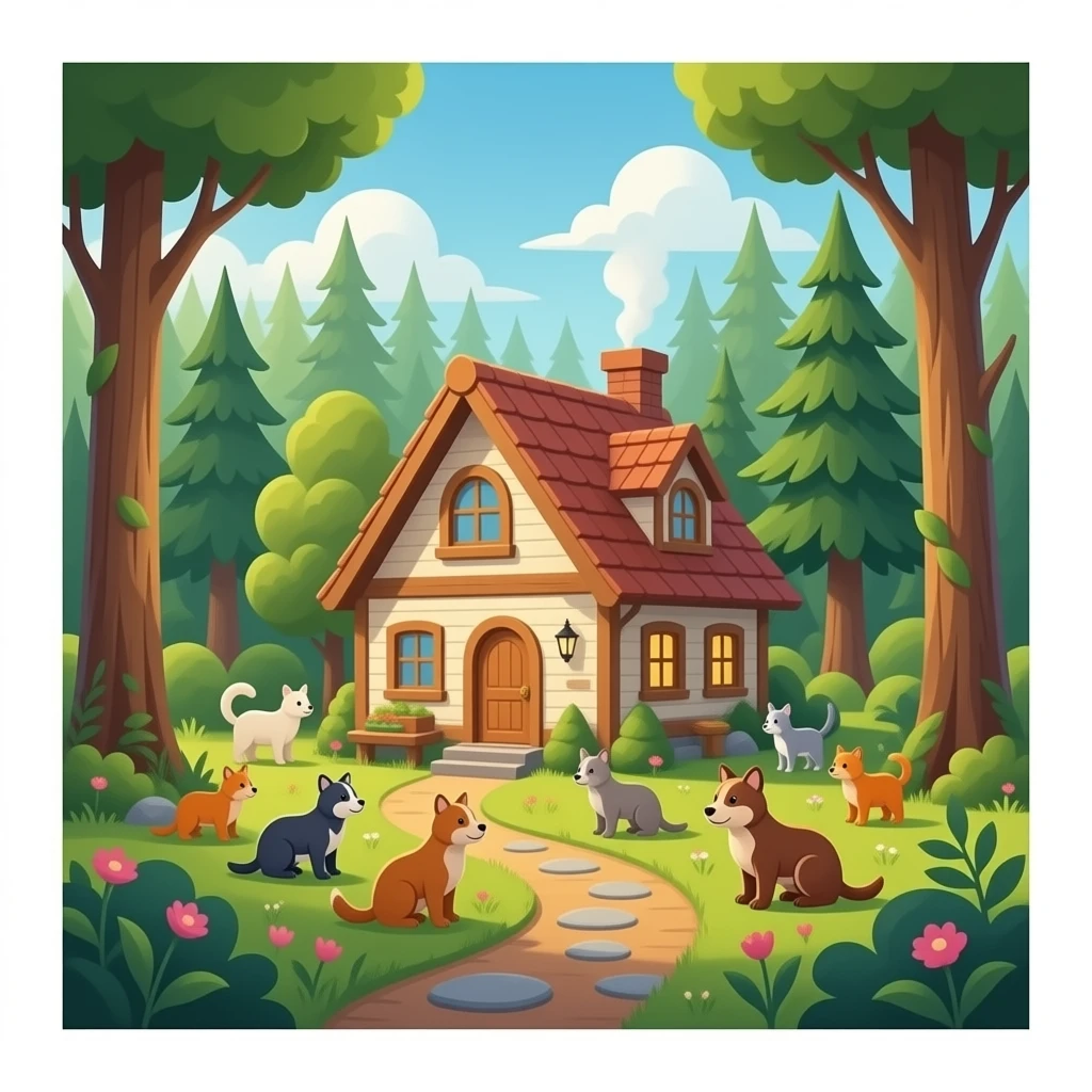 Una casa en medio del bosque, que sea acojedora y que el bosque este lleno de animales bonitos. Haze sol. Tiene que parecer real emoji