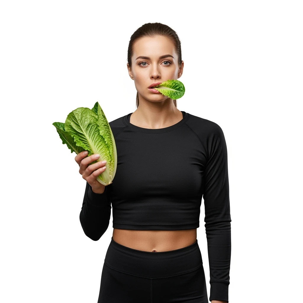 DONNA FITNESS CON INSALATA IN MANO MENTRE TIENE UNA FOGLIA DI INSALATA IN BOCCA CON ESPRESSIONE TRISTE, iperrealistico 4k, ISOLATA SU SFONDO BIANCO emoji
