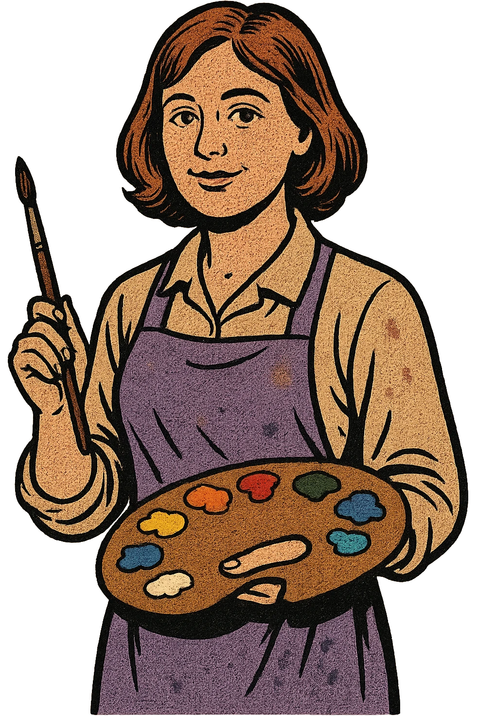 Serene female oil painter, Caucasian features, shoulder-length auburn hair, soft brown eyes, gentle smile, wearing a violet painter’s apron lightly stained with paint over a beige blouse, holding a wooden palette with vibrant colors in one hand and a brush in the other, waist-up, front-facing emoji