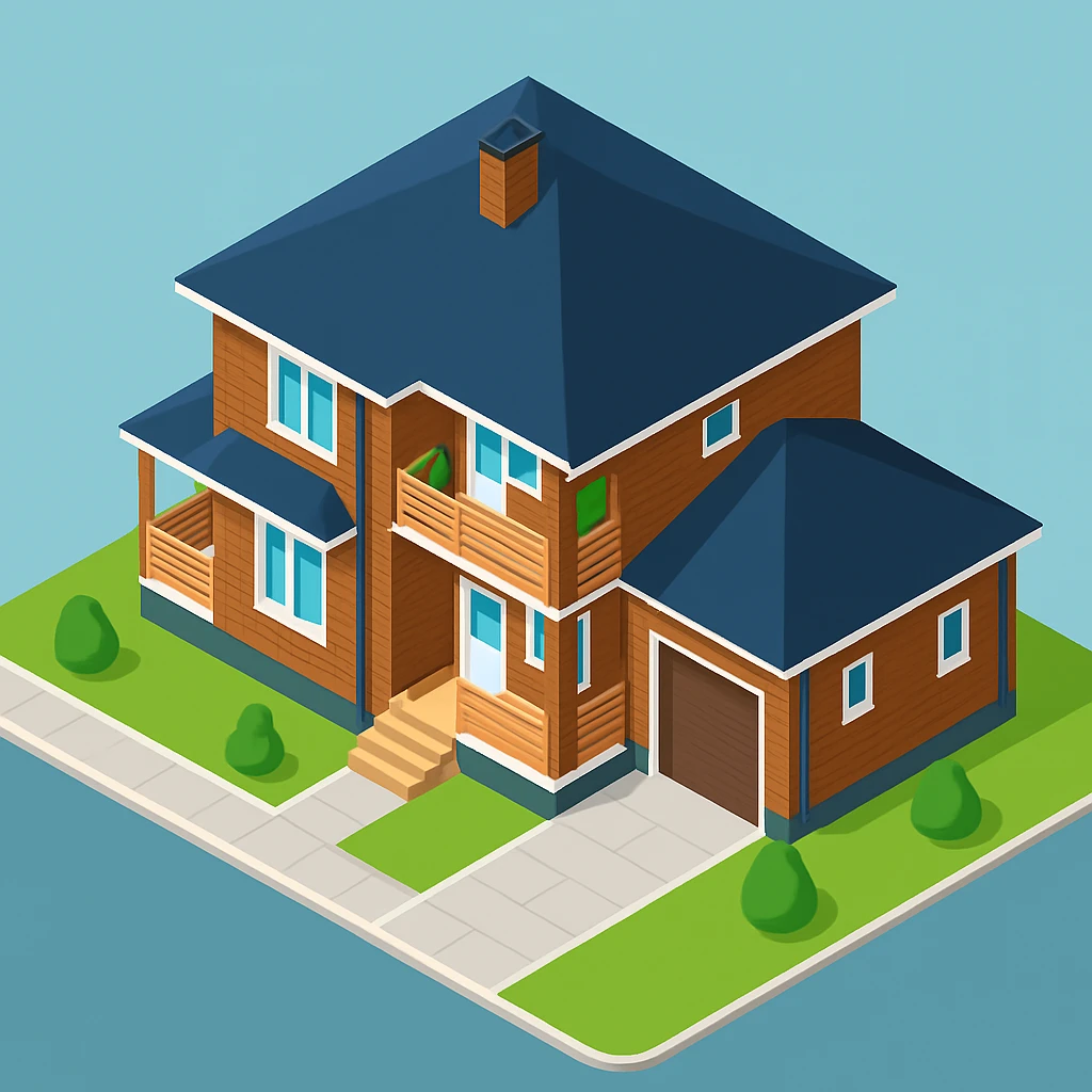 isometric illustration of the building. 3D isometric infographic design. Clean lines, bright and saturated colors, minimal unnecessary details. View from above at an angle (isometric), showing the roof, facade, and part of the surrounding area. Soft shadows, daylight lighting, no harsh contrasts. Background should be solid (blue, gray, or light tone). Add a small area around the building (roads, tiles, grass) so the building looks complete. Accurately represent the architectural features of the building (roof shape, facade, colors). Final style should be neat and polished, similar to posters or educational infographics. emoji