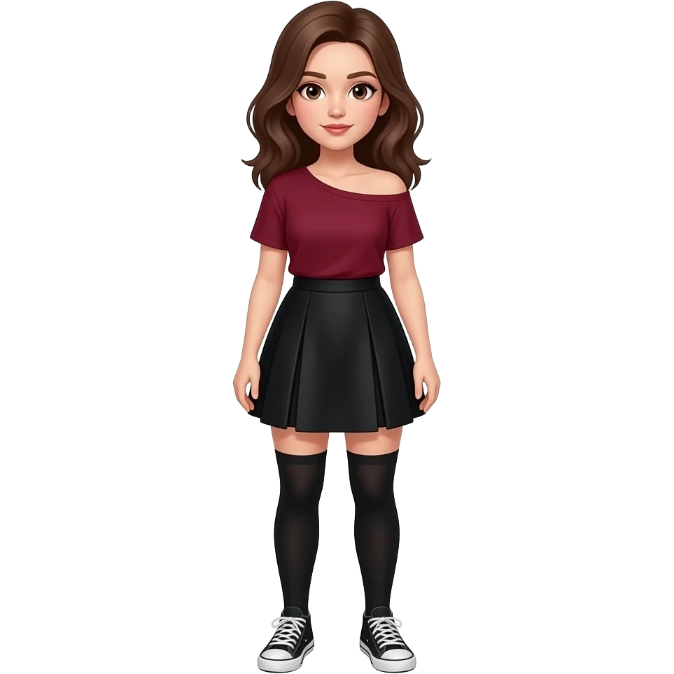 a girl with brown hair and brown eyes, wearing make-up in a flowing black skirt and a burgundy t-shirt that falls over one shoulder and socks over knee-high black sneakers poses emoji