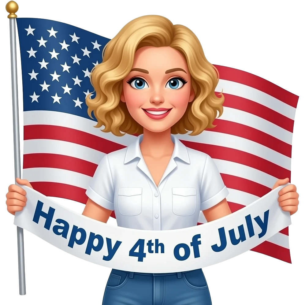 blonde tight curly hair in a short bob with a Happy 4 of July banner and a white short sleeve art blouse and a huge flag emoji