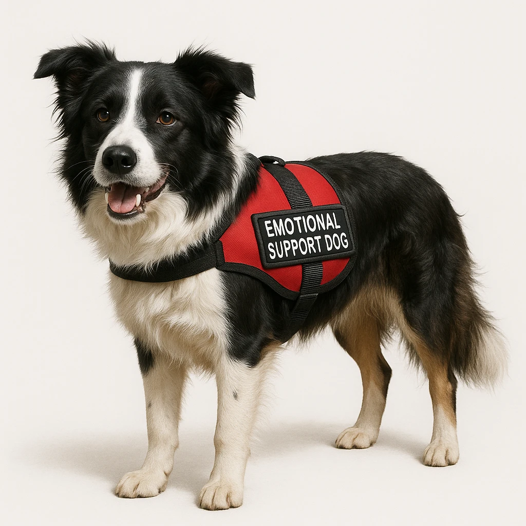 realistic border collie wearing an emotional support dog vest, realistic fur, friendly expression, standing, white background emoji