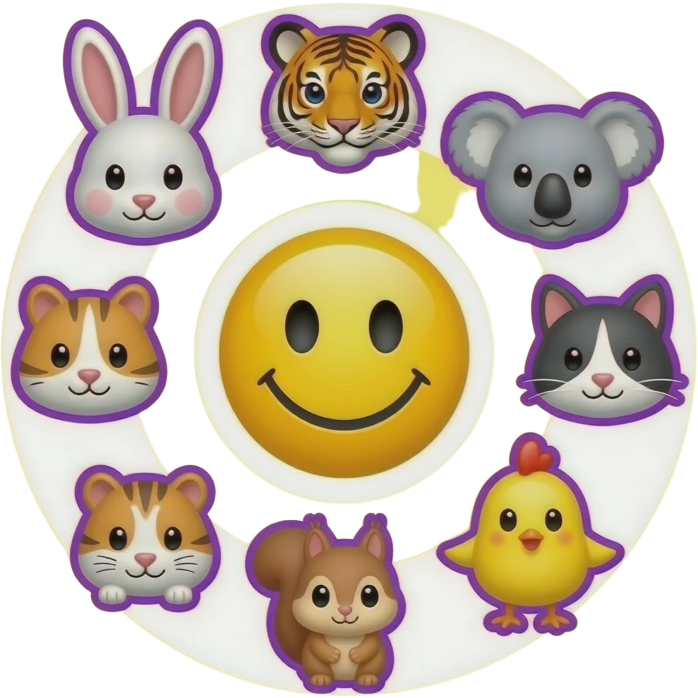 Same with this design.Yellow Smiley in the centre. The smiley  with white and purple background, circle form ,serrounded by the head only of these symbols: 🐰🐯🐨🐈🐹🐿🐥 Small size. Bright yellow background, bright purple outlines emoji