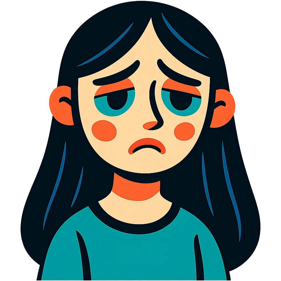 pale girl with long black hair, sad expression, vibrant toon style emoji