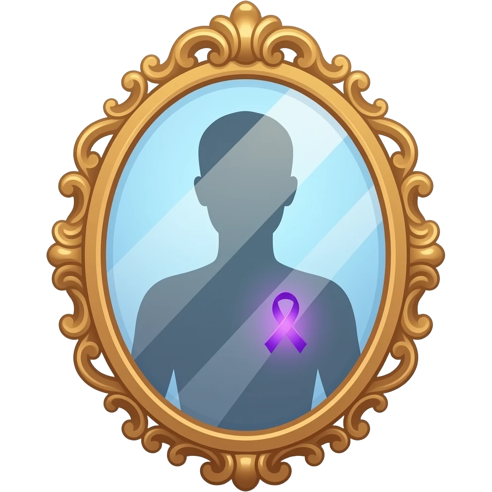 detailed and ornate mirror who reflecting a human silhouette with a glowing purple ribbon on the chest, symbolizing fibromyalgia awareness, soft gradients, subtle sparkle highlights, cute and minimal, transparent background emoji