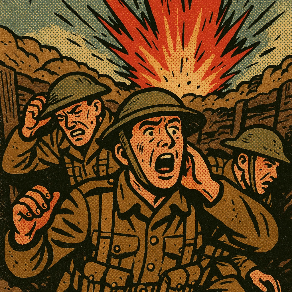 British soldiers in the First World War trenches just after an explosion.  emoji