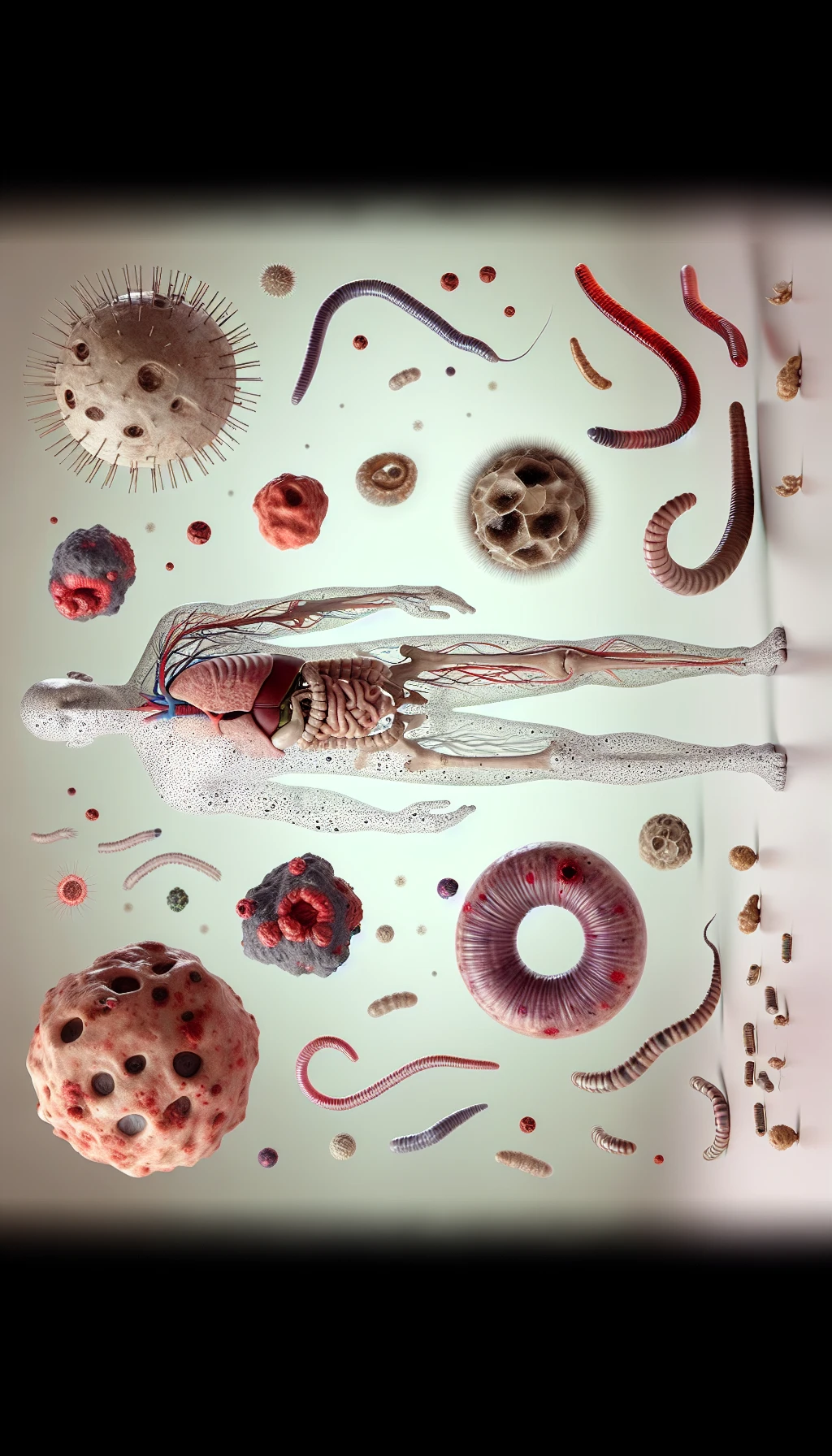 corpo umano anatomico con cellule tumorali intorno, cancro e malessere generale, parassiti come la tenia intorno, sfondo neutro chiaro, iperrealistico 4k emoji