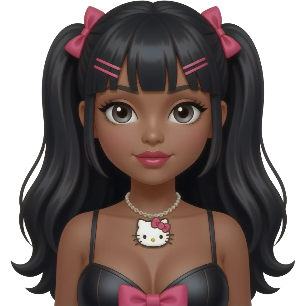 dark brown skin, heart shaped lips, cute glossy lips, doll eyes with long lashes, dark brown skin, black hair, big chest, hello kitty necklace, one bow clip, bimbocore outfit emoji