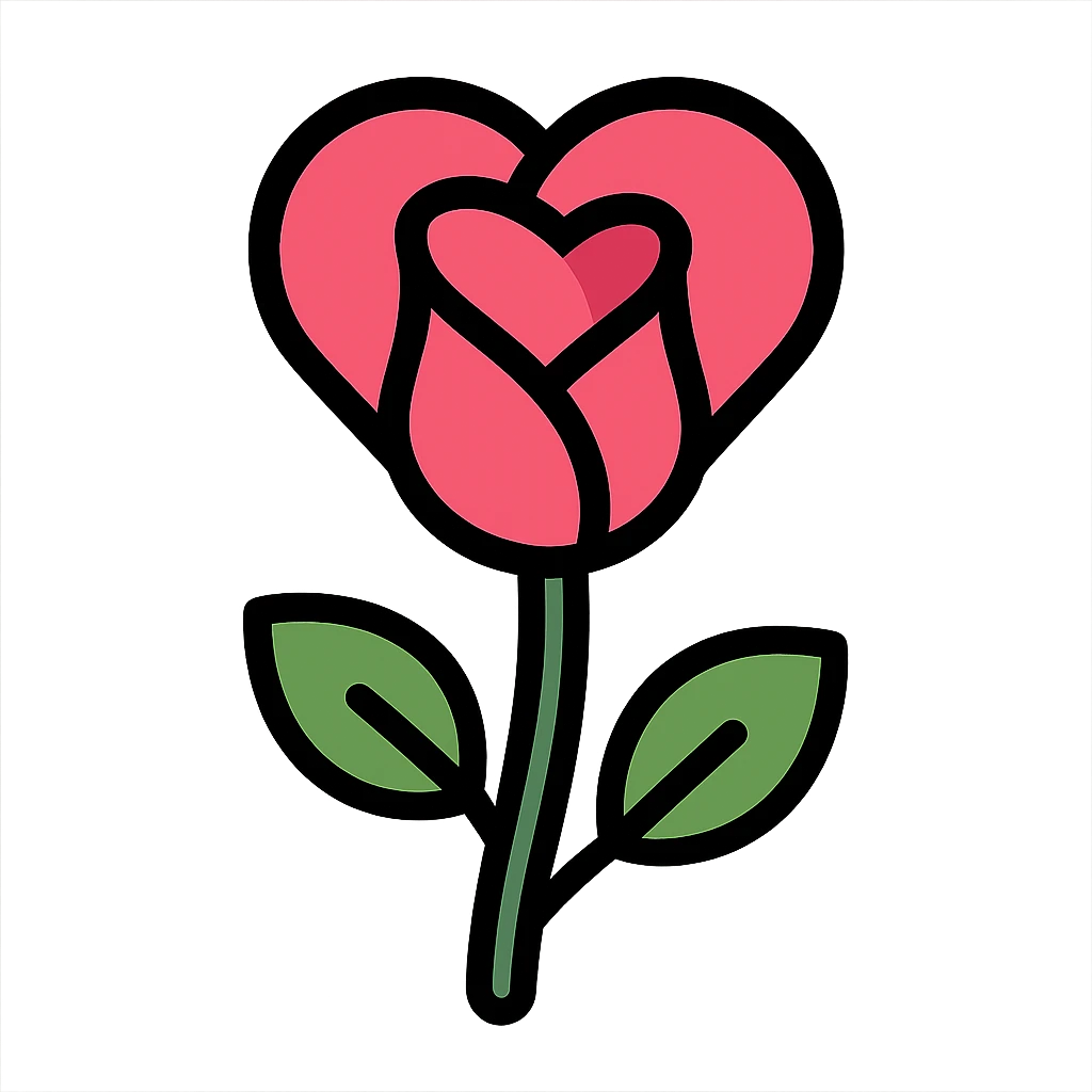 pink rose with heart-shaped petals, gentle and pretty, icon style emoji
